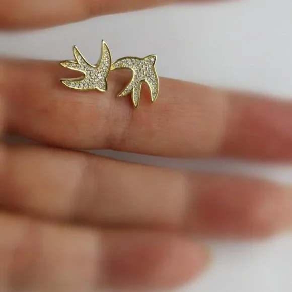 Swallow bird Stud earrings In 14k Gold over Sterling... - Picture 6 of 7